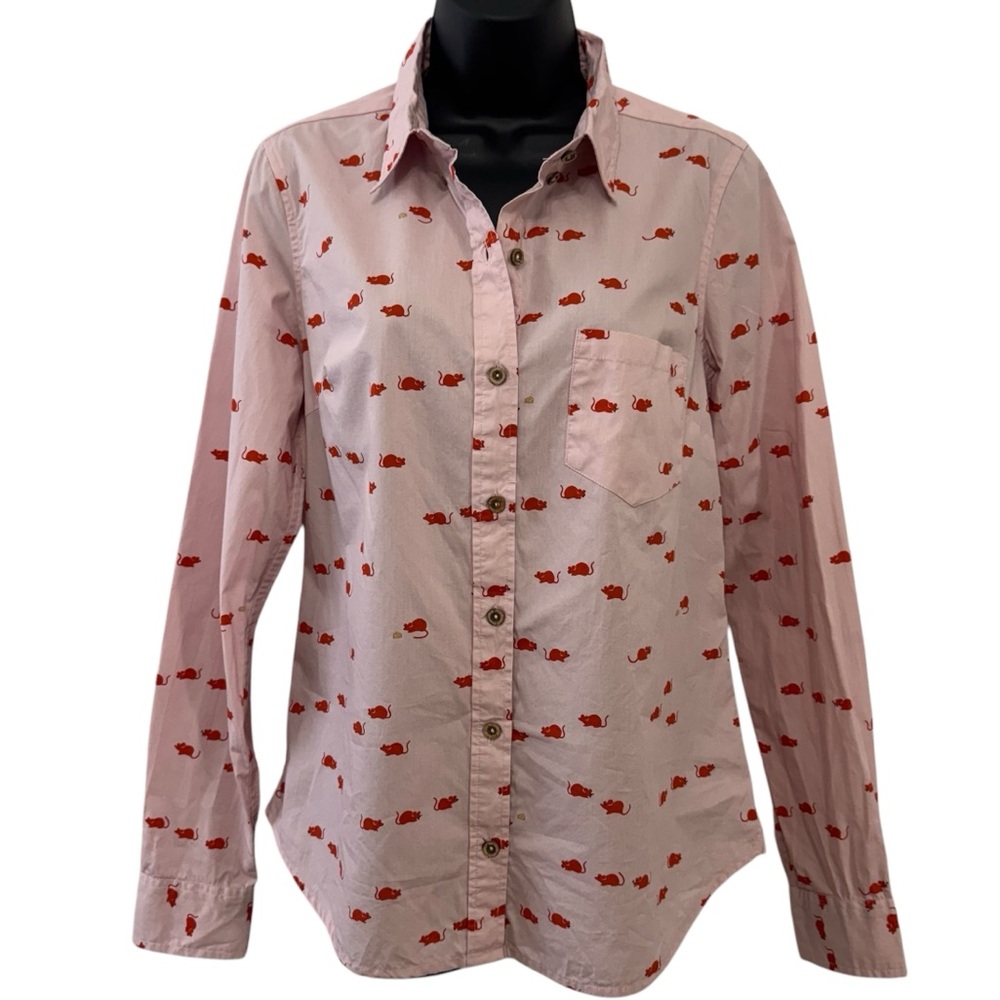 Anthropologie Odille Mouse Print Blush Oxford Shirt w/ Yellow Embroidery Details